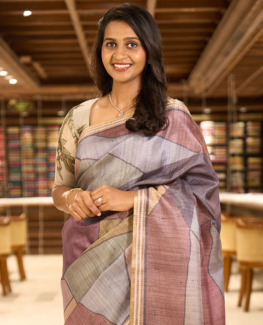 Grey abstract geometric printed semi-tussar saree, contrast thread triangle motifs border, striped pallu & contrast striped blouse