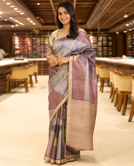 Grey abstract geometric printed semi-tussar saree, contrast thread triangle motifs border, striped pallu & contrast striped blouse