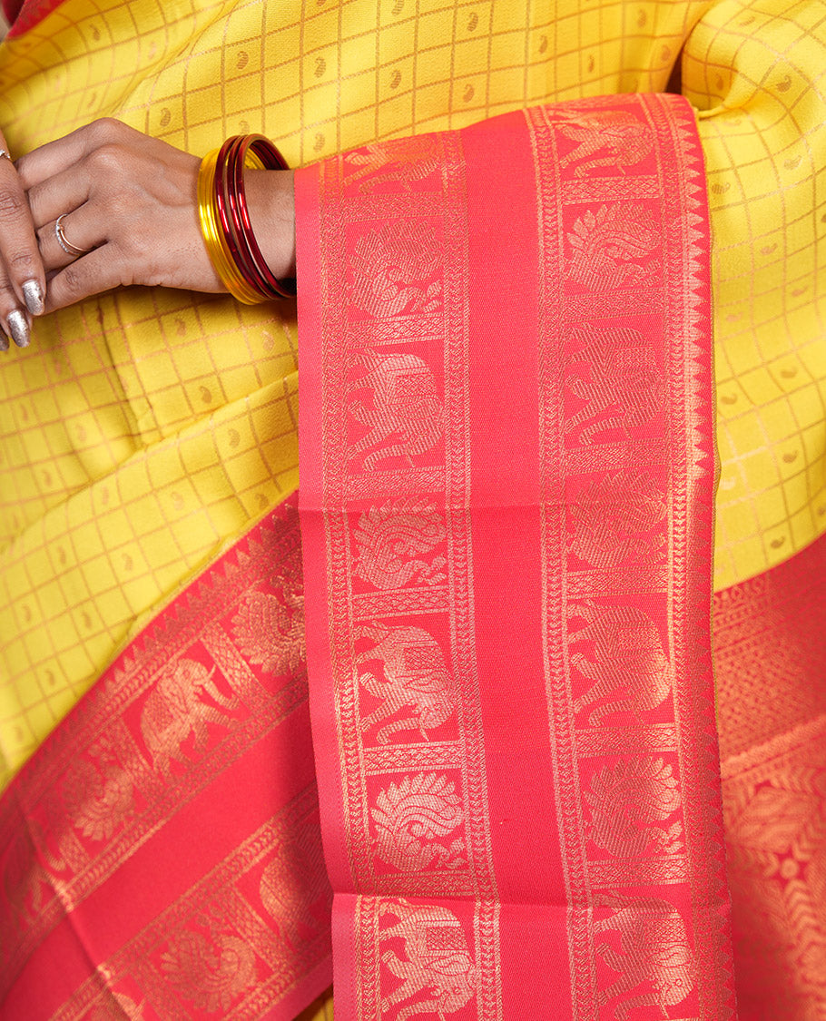 Yellow Litchi Saree, Detailed with Paisley Butta Enclosed Checks, Complemented by a Contrast Rettai Pettu Peacock-Elephant Border, a Contrast Blouse