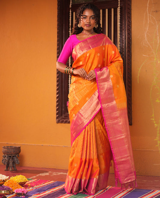 Pink-Orange Zari Design Vasundhara Lite Silk Mix Saree, Contrast Traditional Border, Contrast Blouse