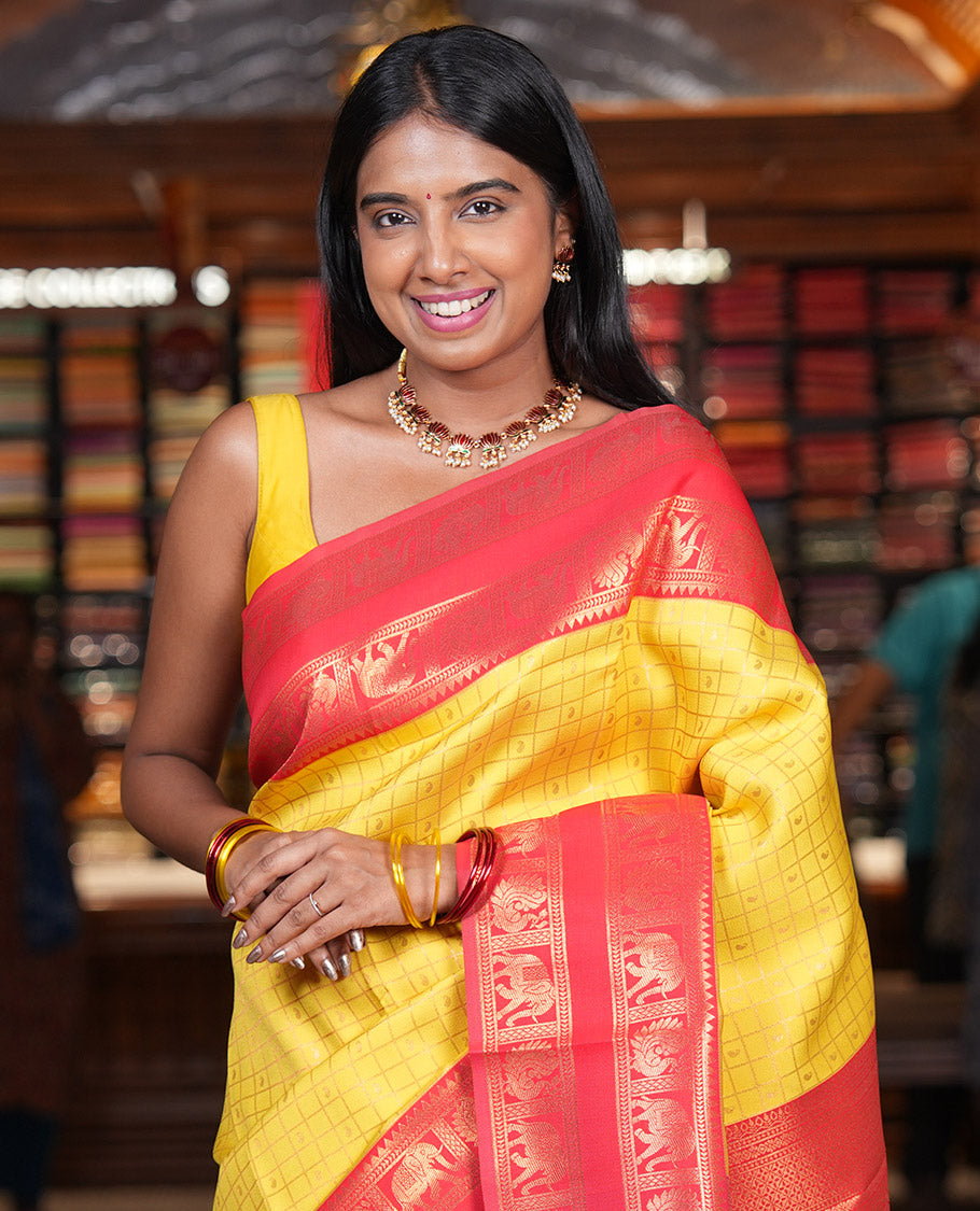 Yellow Litchi Saree, Detailed with Paisley Butta Enclosed Checks, Complemented by a Contrast Rettai Pettu Peacock-Elephant Border, a Contrast Blouse