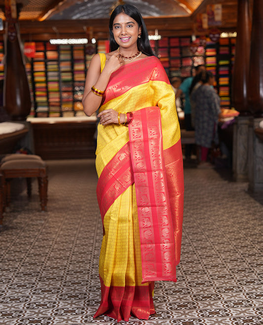 Yellow Litchi Saree with Paisley Butta Enclosed Checks, Contrast Rettai Pettu Peacock-Elephant Border, a Contrast Blouse
