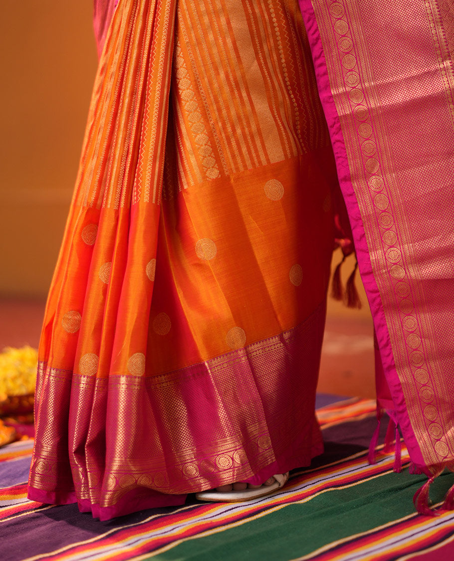 Pink-Orange Zari Design Vasundhara Lite Silk Mix Saree, Contrast Traditional Border, Contrast Blouse