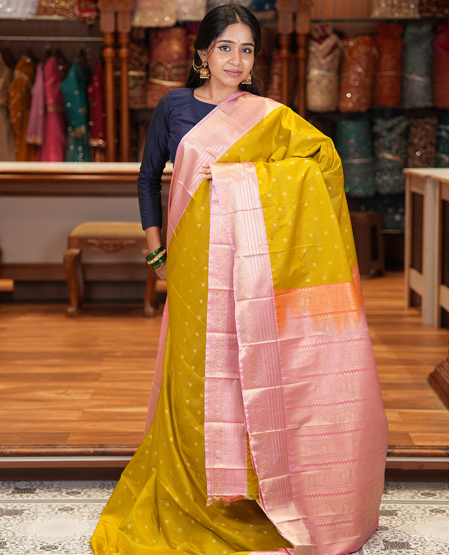 Lemon Green-Peach Budget Silk Saree