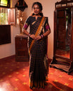 Black Checked Chettinad Cotton Saree, Complemented by Contrast Rettai Pettu Granga-Jamuna Border, Jaal Pallu, and a Matching Blouse