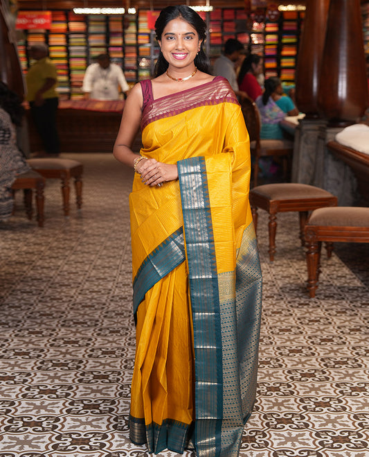 Mustard Zari Checked Budget Silk Saree, Contrast Ganga-Jamuna Traditional Temple Border, Grand Pallu, and a Contrast Blouse
