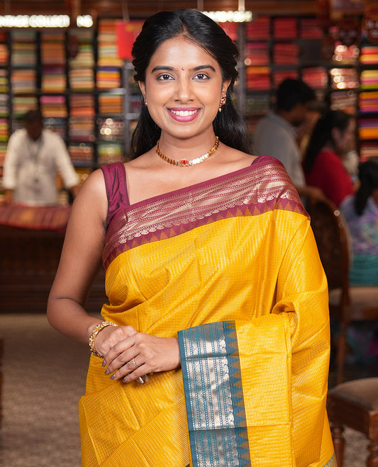 Mustard Zari Checked Budget Silk Saree, Contrast Ganga-Jamuna Traditional Temple Border, Grand Pallu, and a Contrast Blouse