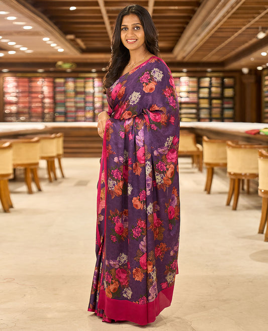 Borderless violet printed Italian crepe saree adorned with colorful rose floral motifs print