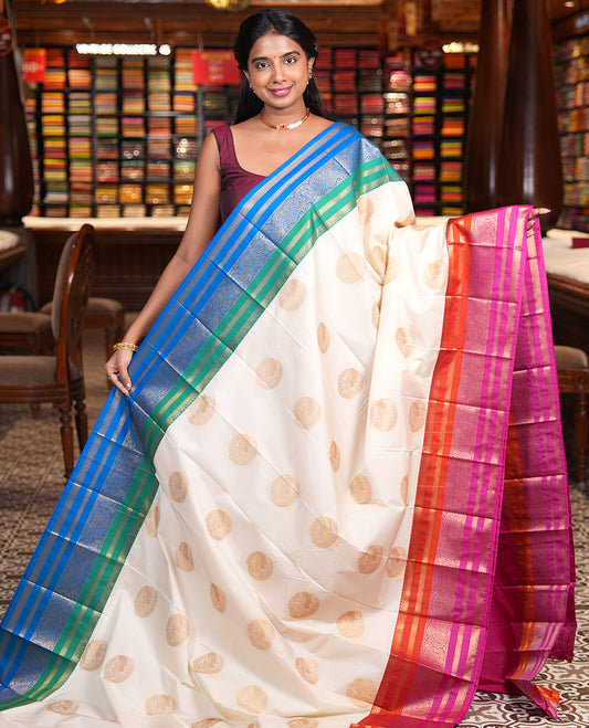 Off-White Budget Silk Saree, Enthralled with Zari Buttas, Contrast Ganga-Jamuna Traditional Border, Grand Pallu, and a Contrast Blouse