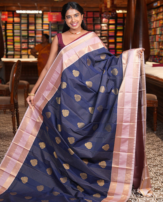 Navy Blue-Chocolate Pink Budget Silk Saree, Accentuated with Zari Designs, Contrast Rettai Pettu Traditional Border, Grand Pallu, a Contrast Blouse