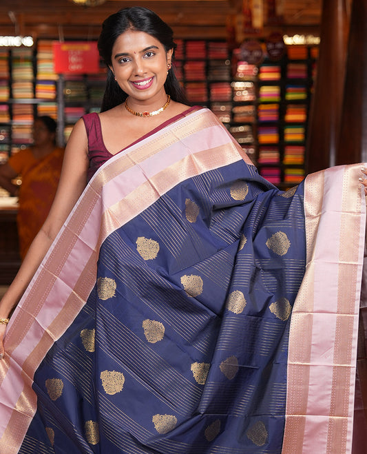 Navy Blue-Chocolate Pink Budget Silk Saree, Accentuated with Zari Designs, Contrast Rettai Pettu Traditional Border, Grand Pallu, a Contrast Blouse