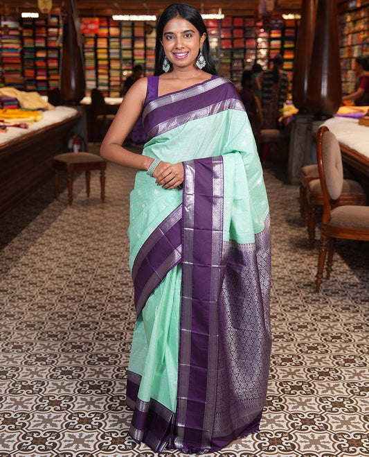 Apple Green-Dark Purple Zari Checked Budget Silk Saree, Contrast Traditional Border, Intricate Pallu, and Contrast Blouse