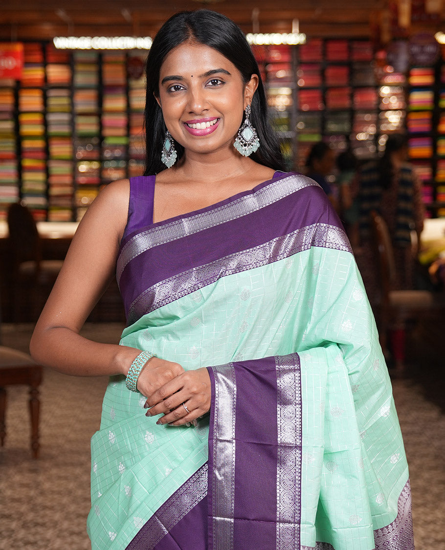 Apple Green-Dark Purple Zari Checked Budget Silk Saree, Contrast Traditional Border, Intricate Pallu, and Contrast Blouse