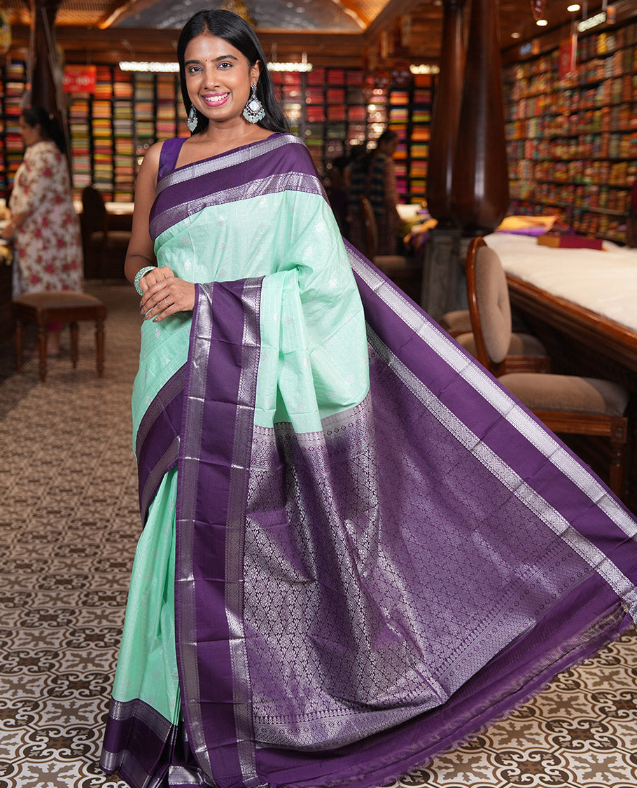 Apple Green-Dark Purple Zari Checked Budget Silk Saree, Contrast Traditional Border, Intricate Pallu, and Contrast Blouse