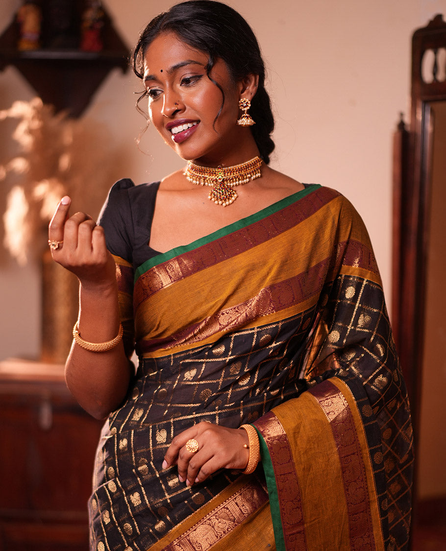 Black Chettinad Cotton Saree, Decorated with Mayil-Chakra Butta Enclosed Checks, a Contrast Rettai Pettu Border, Grand Pallu, a Matching Blouse