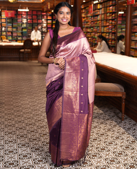 Purple Litchi Saree, Elevated with Half-And-Half and Zari Buttas, Contrast Traditional Zari Border, Grand Pallu, and a Contrast Blouse