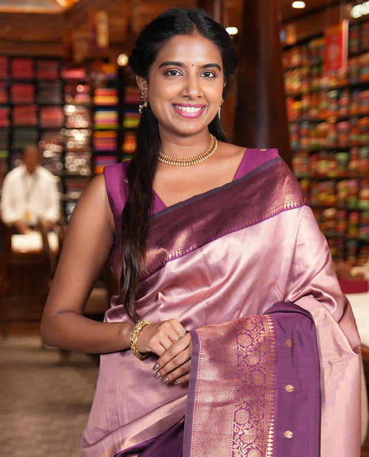 Purple Litchi Saree, Elevated with Half-And-Half and Zari Buttas, Contrast Traditional Zari Border, Grand Pallu, and a Contrast Blouse