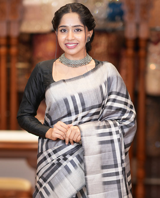 Grey Fancy Tussar Silk Saree