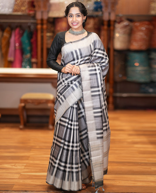 Grey Fancy Tussar Silk Saree