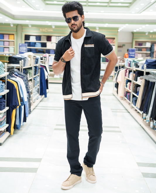 Black Corduroy Jacket, Featuring Sparse Stripes, a Polo Collar, Half Sleeves, Regular Fit, and Regular Length