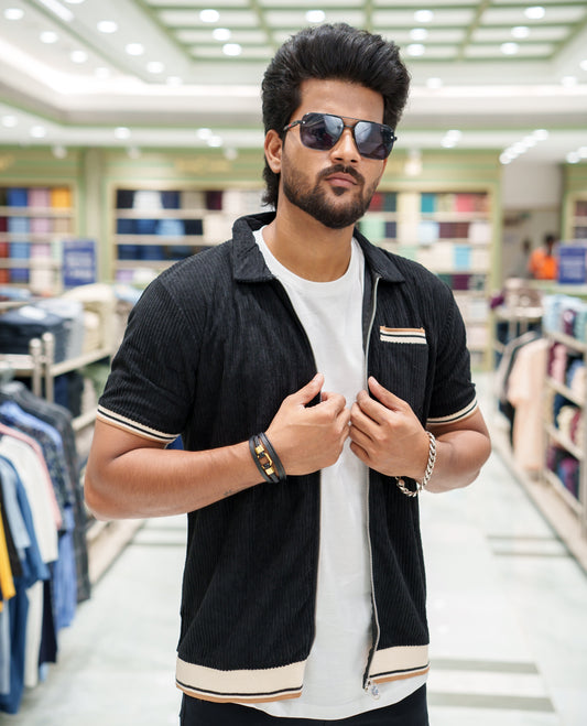 Black Corduroy Jacket, Featuring Sparse Stripes, a Polo Collar, Half Sleeves, Regular Fit, and Regular Length