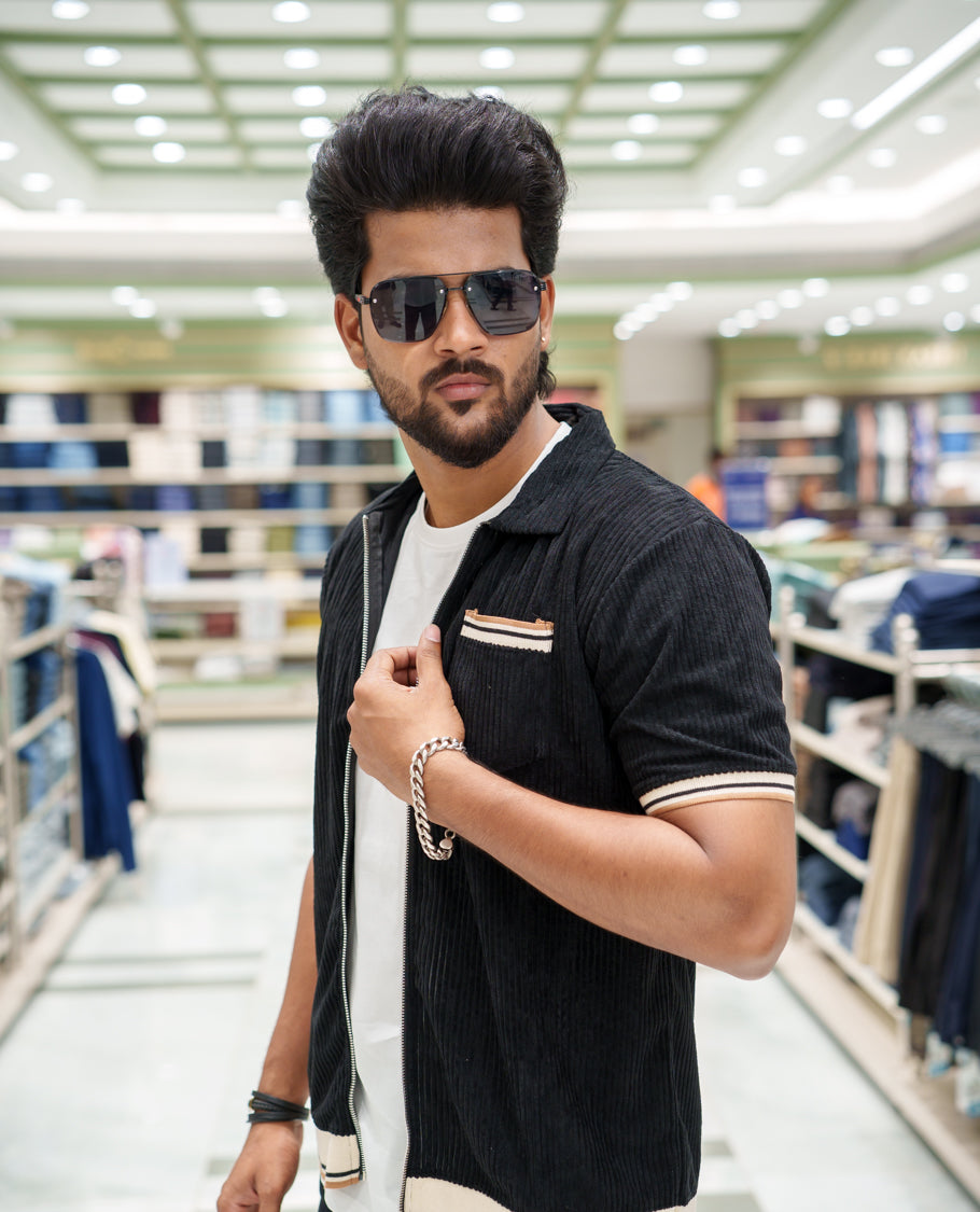 Black Corduroy Jacket, Featuring Sparse Stripes, a Polo Collar, Half Sleeves, Regular Fit, and Regular Length