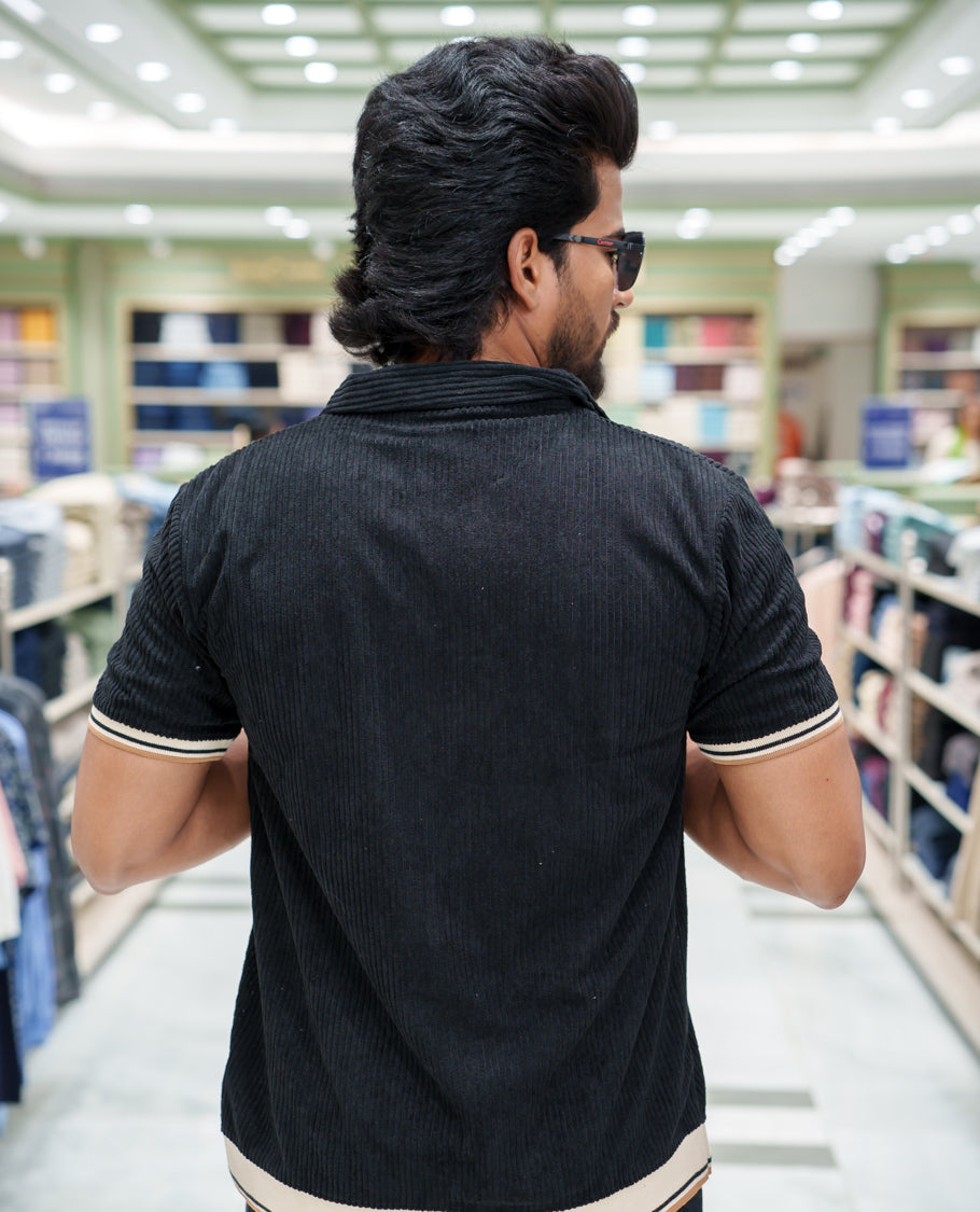 Black Corduroy Jacket, Featuring Sparse Stripes, a Polo Collar, Half Sleeves, Regular Fit, and Regular Length