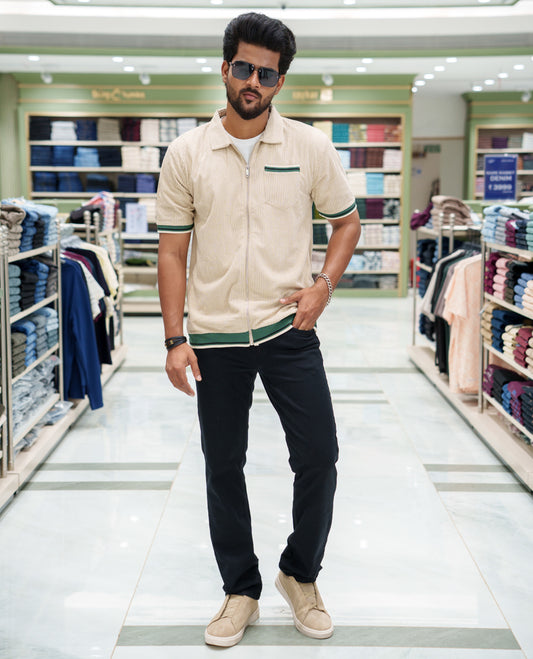 Cream Corduroy Jacket, Featuring Sparse Stripes, a Polo Collar, Half Sleeves, Regular Fit, and Regular Length