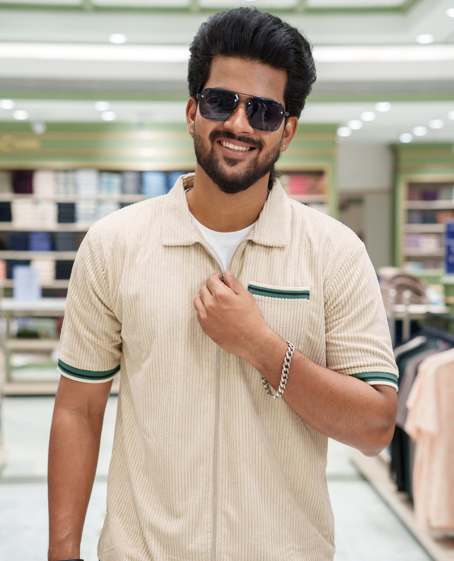 Cream Corduroy Jacket, Featuring Sparse Stripes, a Polo Collar, Half Sleeves, Regular Fit, and Regular Length