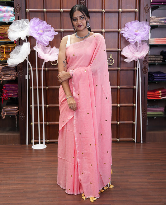 Borderless Peach Khadi Mul Cotton Saree, Gleamed Up with Sequins Work All Over Its Bodyt, and Pallu, and Paired with a Matching Blouse