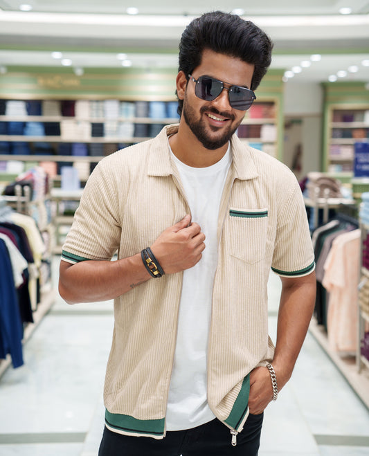 Cream Corduroy Jacket, Featuring Sparse Stripes, a Polo Collar, Half Sleeves, Regular Fit, and Regular Length