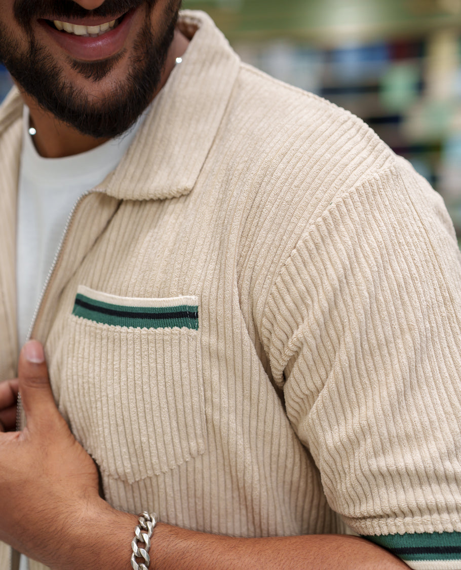 Cream Corduroy Jacket, Featuring Sparse Stripes, a Polo Collar, Half Sleeves, Regular Fit, and Regular Length