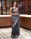 Grey geometric patterns batik style printed and mirror work masakali saree, printed border, geometric printed pallu, and a matching blouse