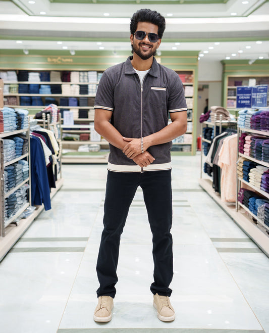 Dark Grey Corduroy Jacket, Featuring Sparse Stripes, a Polo Collar, Half Sleeves, Regular Fit, and Regular Length