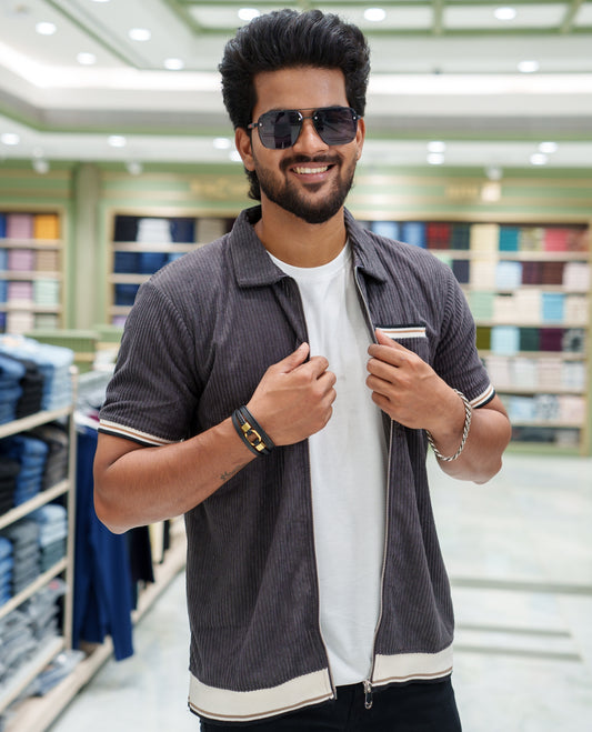 Dark Grey Corduroy Jacket, Featuring Sparse Stripes, a Polo Collar, Half Sleeves, Regular Fit, and Regular Length