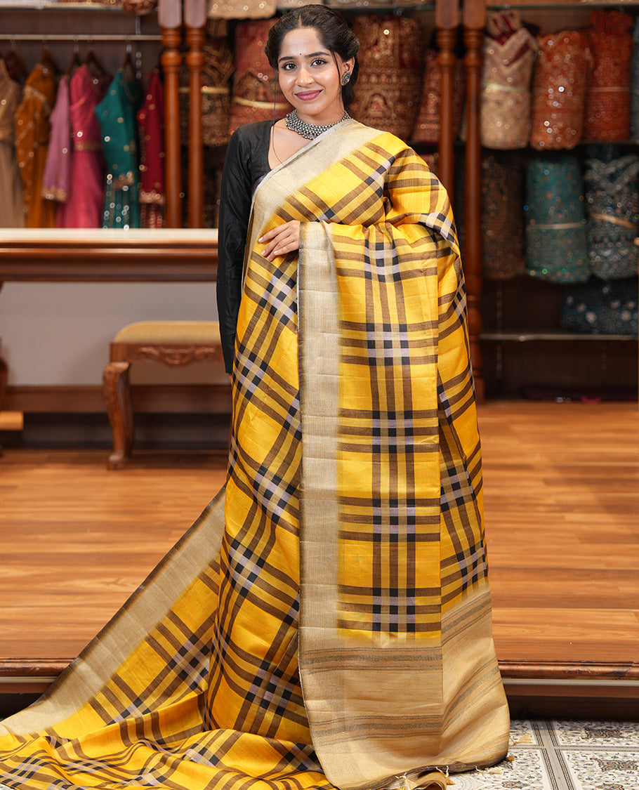 Yellow Fancy Tussar Silk Saree