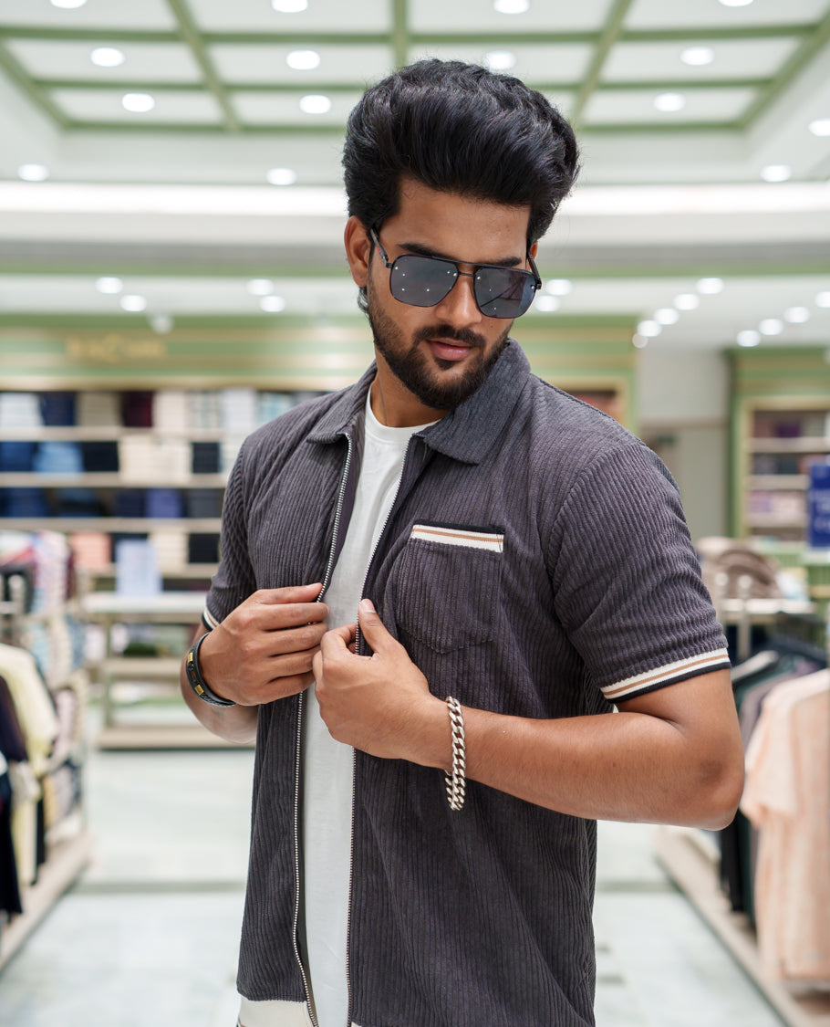 Dark Grey Corduroy Jacket, Featuring Sparse Stripes, a Polo Collar, Half Sleeves, Regular Fit, and Regular Length