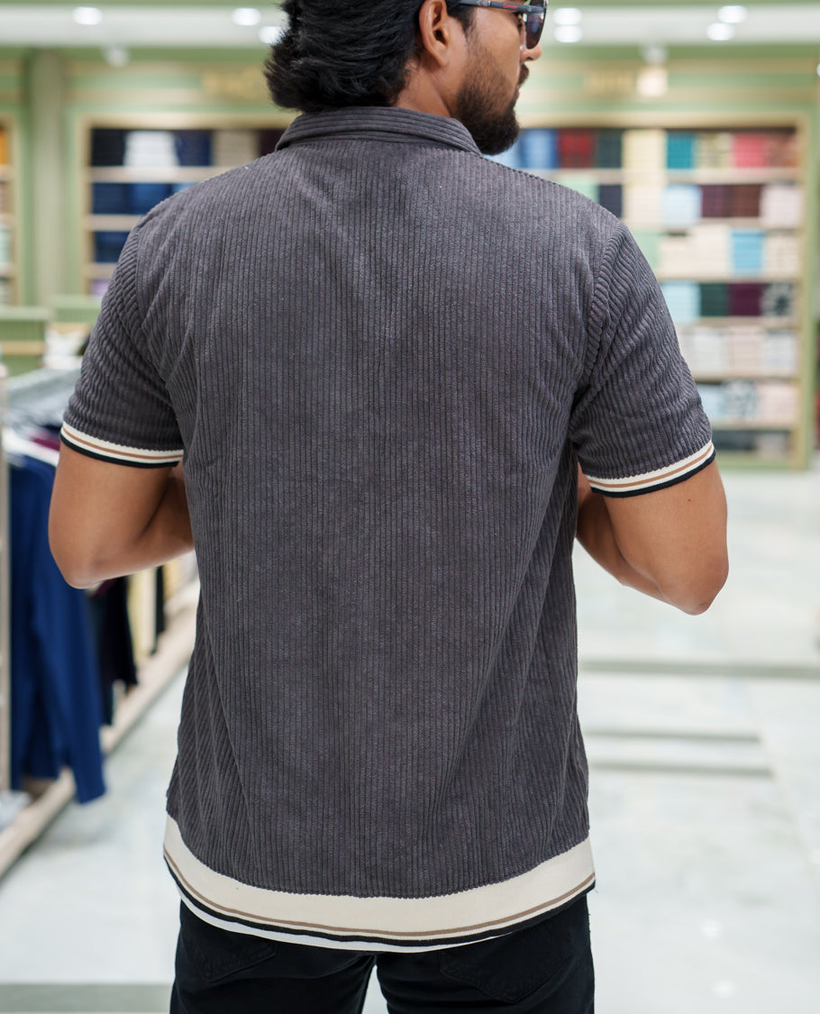 Dark Grey Corduroy Jacket, Featuring Sparse Stripes, a Polo Collar, Half Sleeves, Regular Fit, and Regular Length