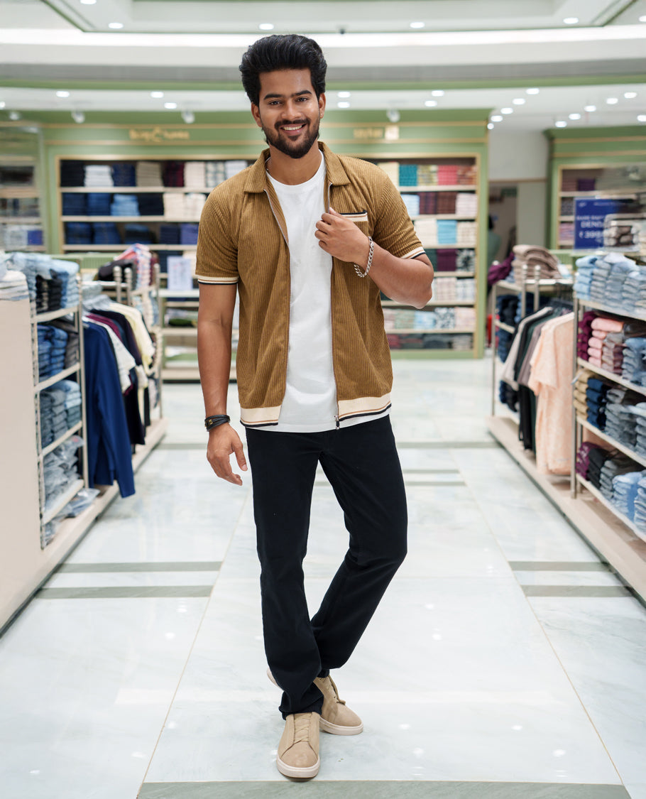 Khaki Corduroy Jacket, Featuring Sparse Stripes, a Polo Collar, Half Sleeves, Regular Fit, and Regular Length