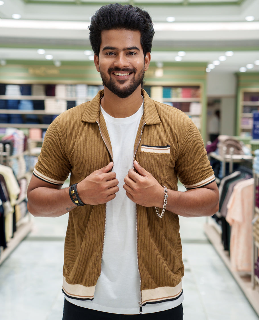 Khaki Corduroy Jacket, Featuring Sparse Stripes, a Polo Collar, Half Sleeves, Regular Fit, and Regular Length