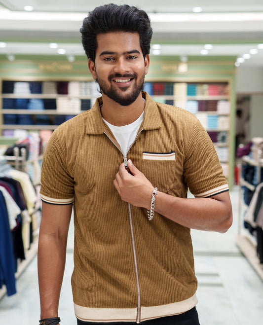 Khaki Corduroy Jacket, Featuring Sparse Stripes, a Polo Collar, Half Sleeves, Regular Fit, and Regular Length