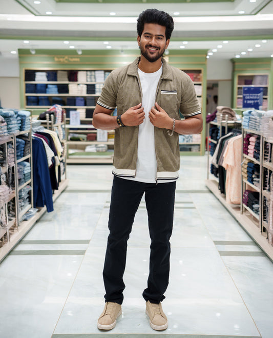 Green Corduroy Jacket, Featuring Sparse Stripes, a Polo Collar, Half Sleeves, Regular Fit, and Regular Length