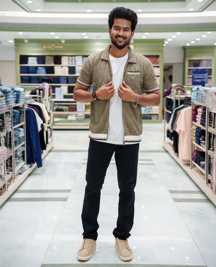 Green Corduroy Jacket, Featuring Sparse Stripes, a Polo Collar, Half Sleeves, Regular Fit, and Regular Length