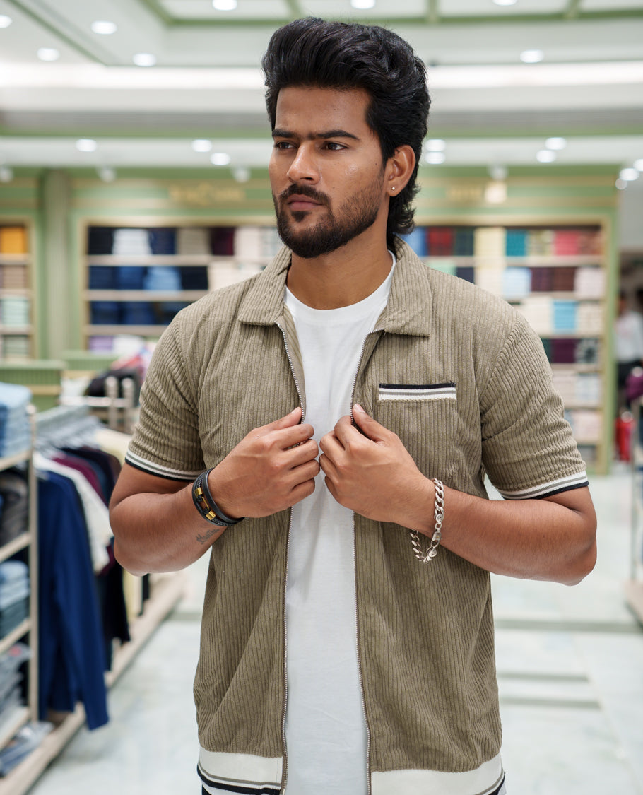 Green Corduroy Jacket, Featuring Sparse Stripes, a Polo Collar, Half Sleeves, Regular Fit, and Regular Length