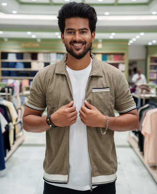 Green Corduroy Jacket, Featuring Sparse Stripes, a Polo Collar, Half Sleeves, Regular Fit, and Regular Length