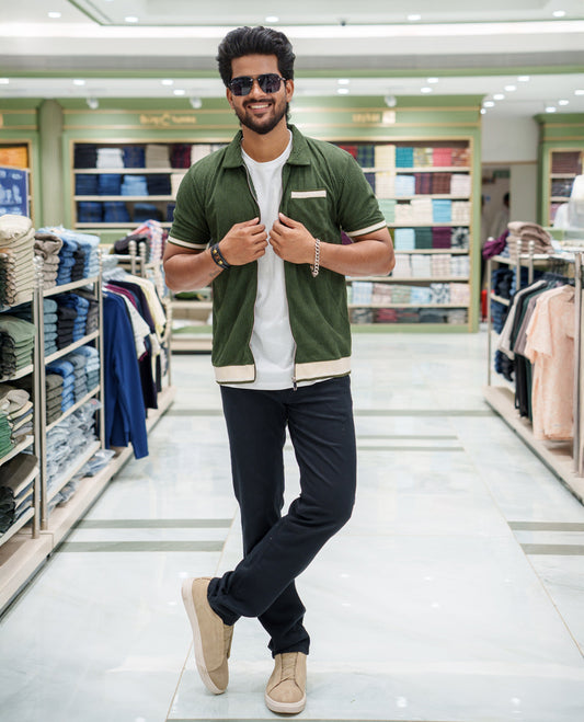 Dark Green Corduroy Jacket, Featuring Sparse Stripes, a Polo Collar, Half Sleeves, Regular Fit, and Regular Length