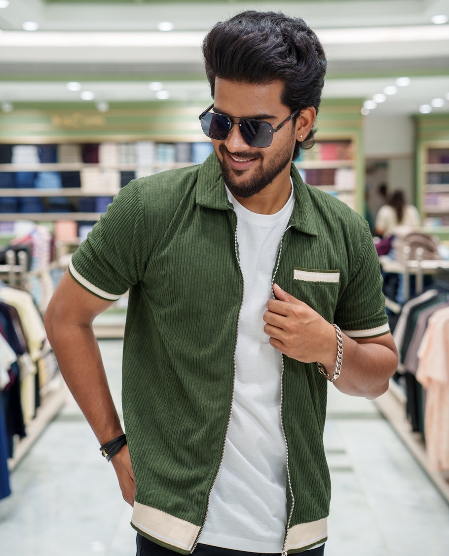 Dark Green Corduroy Jacket, Featuring Sparse Stripes, a Polo Collar, Half Sleeves, Regular Fit, and Regular Length