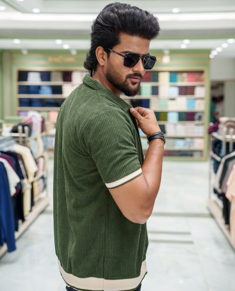 Dark Green Corduroy Jacket, Featuring Sparse Stripes, a Polo Collar, Half Sleeves, Regular Fit, and Regular Length