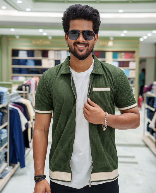 Dark Green Corduroy Jacket, Featuring Sparse Stripes, a Polo Collar, Half Sleeves, Regular Fit, and Regular Length