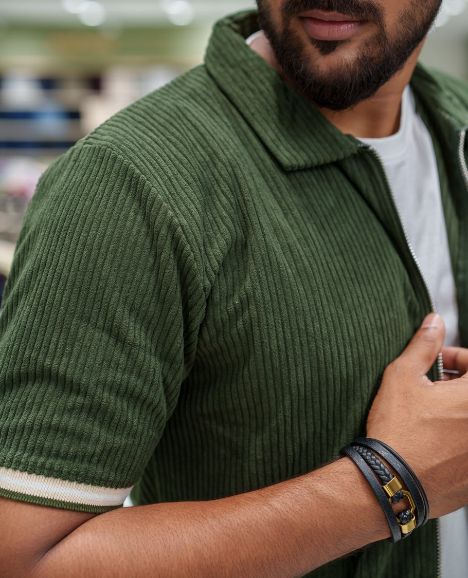 Dark Green Corduroy Jacket, Featuring Sparse Stripes, a Polo Collar, Half Sleeves, Regular Fit, and Regular Length